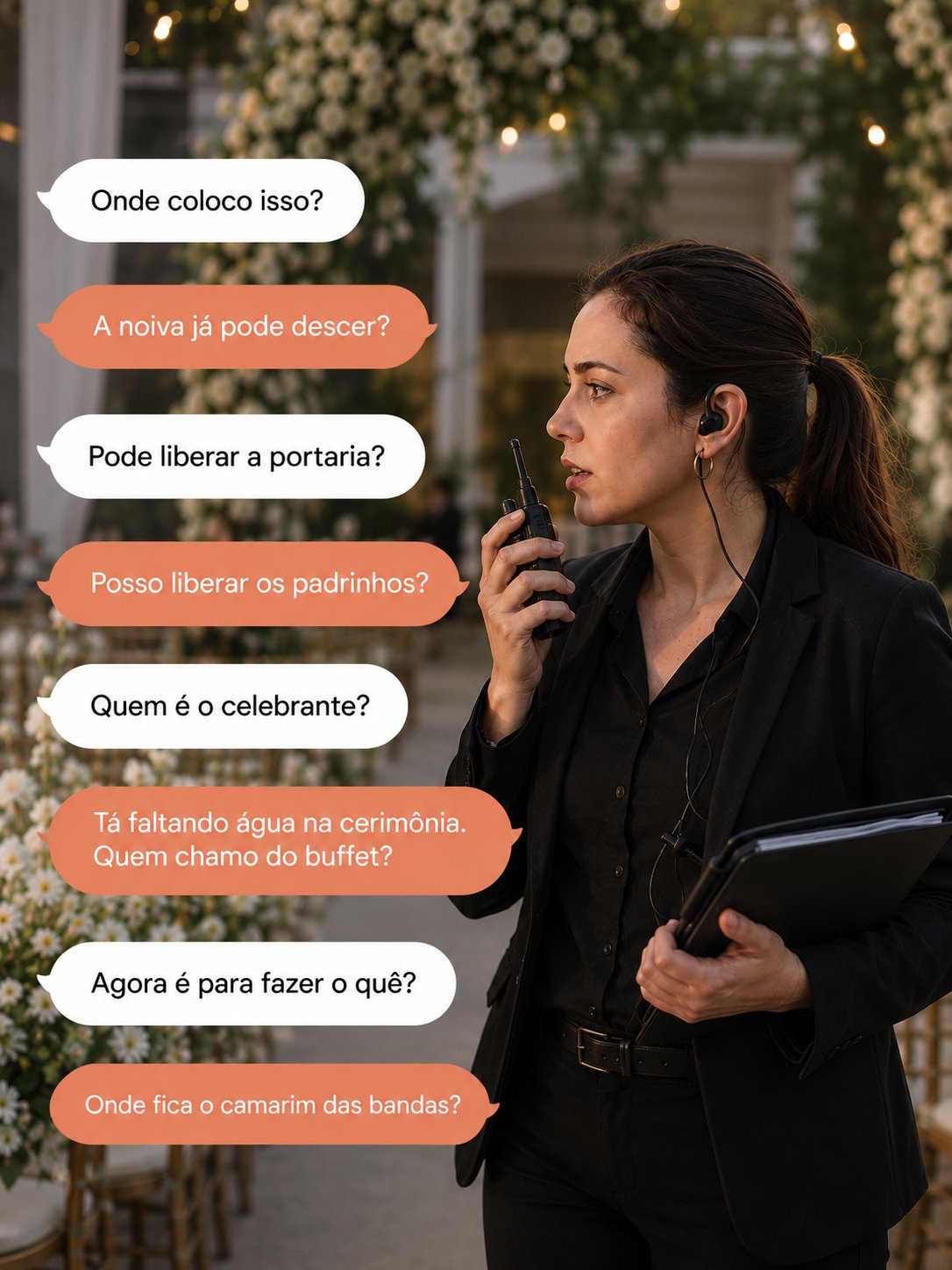 Assessora coordenando a equipe no dia do evento